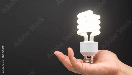 Hand holding glowing CFL bulb, spiral design, dark background