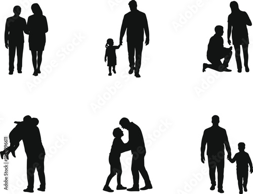 Black family silhouette collection with parents hugging children walking holding hands and marriage proposal scenes for emotional lifestyle vector designs