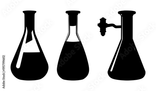 Solid black silhouette of a vintage 19th-century chemist’s Florence flask, scientific history theme, thick glass profile, white background. set with simple line art design featuring sketches, drawi...