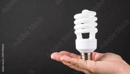 Hand holding glowing CFL bulb, spiral design, dark background