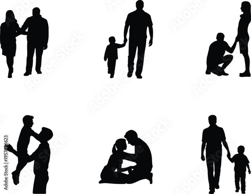 Black family silhouette set with parents hugging children and holding hands for emotional storytelling parenthood and community togetherness vector designs