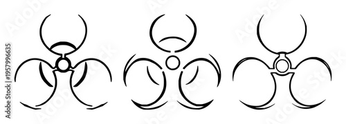 Vector icon of a biohazard waste symbol, laboratory safety warning theme, bold strokes, isolated on white. set with simple line art design featuring sketches, drawings, vector graphics with minimal...