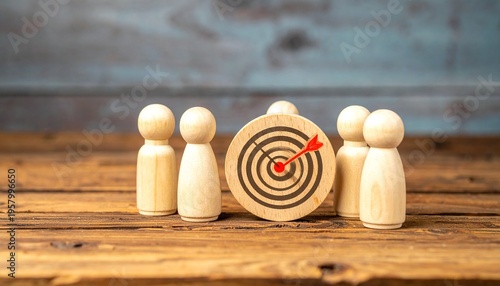 Wooden figurines teamwork, bullseye target, arrow focus, rustic setting