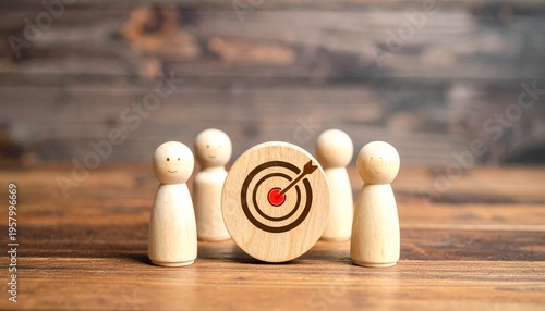Wooden figurines teamwork, bullseye target, arrow focus, rustic setting