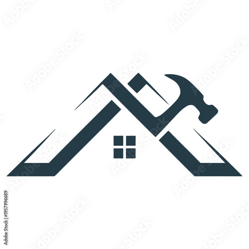 Minimalist logo design featuring a stylized house roof combined with a hammer for construction