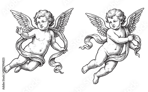 Obraz na płótnie two cherub angels flying with flowing ribbon banners