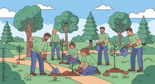 Diverse group of people planting trees together in a park.