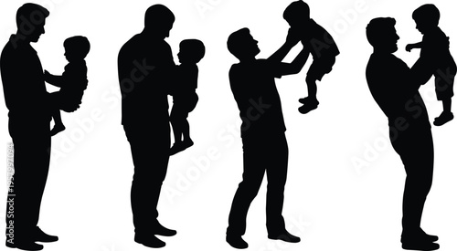 Silhouette of a father holding and lifting his baby son in various poses representing fatherhood, parenting, love, and family bonding. (20 words)