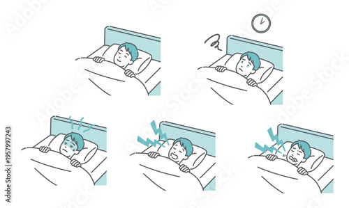 若い男性の睡眠に関するイラストセット（安眠・不眠・いびき・歯ぎしり等）