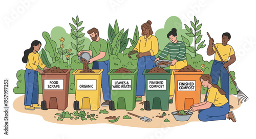 Diverse people sorting waste into recycling compost bins.