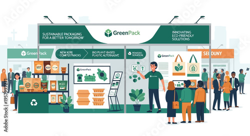 GreenTech Company Exhibition Booth Showcasing Sustainable Packaging Solutions.