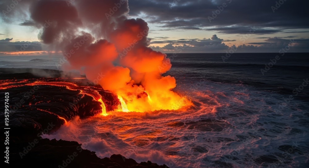 Fototapeta premium Volcanic Eruption Meets the Ocean - A Fiery Display of Natures Power.