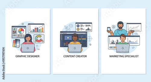 Diverse professionals working on digital content and marketing strategies.