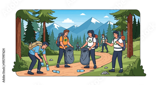 Group of hikers cleaning up litter in a forest.