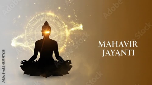 Mahavir Jayanti Banner with Glowing Meditating Mahavira