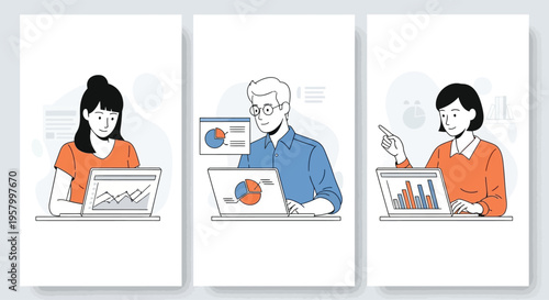 Diverse professionals collaborating and analyzing data on laptops.