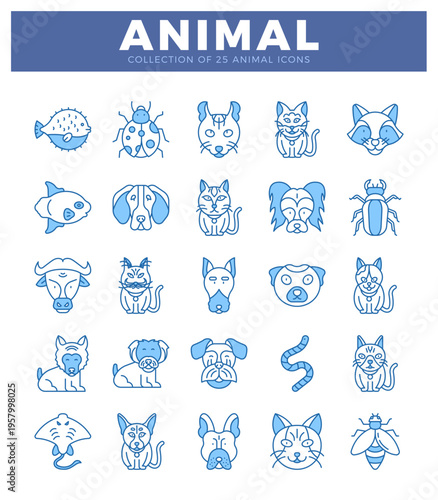 Blue line art animal icons on white background
