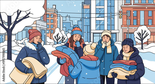 Group of people holding blankets and clothes in winter.