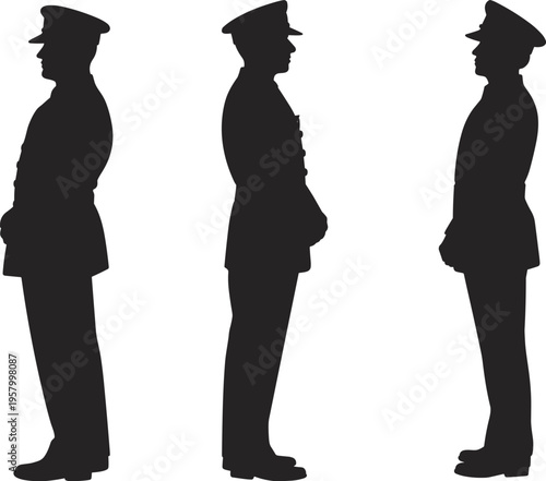 Silhouette of Three Military Officers in Formal Uniform and Peaked Caps Standing at Attention Isolated on White Background Vector Illustration
