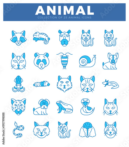blue line art animal icons presented on white background.