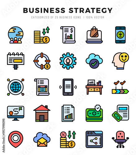 Set of 25 Business Strategy Lineal Color Icons Pack.