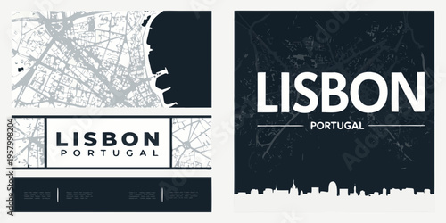 Lisbon Portugal A modern graphic design featuring city maps and skyline
