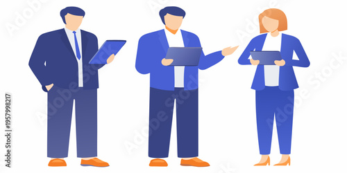 Three business professionals standing and interacting with digital tablets