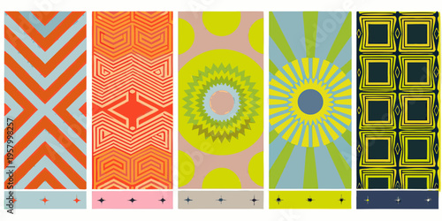 A collection of six vibrant patterned rectangular swatches displayed in a grid