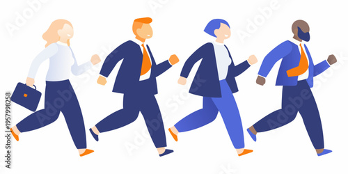 Four diverse business professionals are depicted walking with purpose