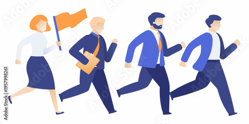 Business people are running forward with determination and a flag