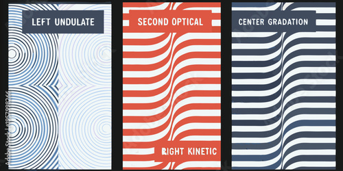 Three vertical panels displaying abstract optical illusion patterns