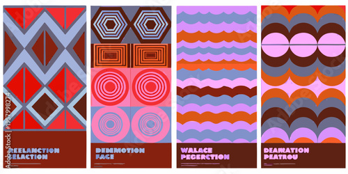 A series of four vertically oriented patterned panels with text below