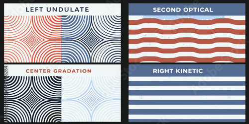 Four panels displaying optical illusions with wavy and linear patterns