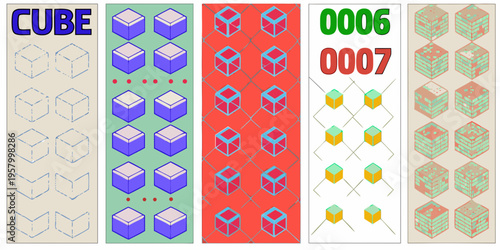 Isometric cube patterns displayed in multiple colorful vertical arrangements