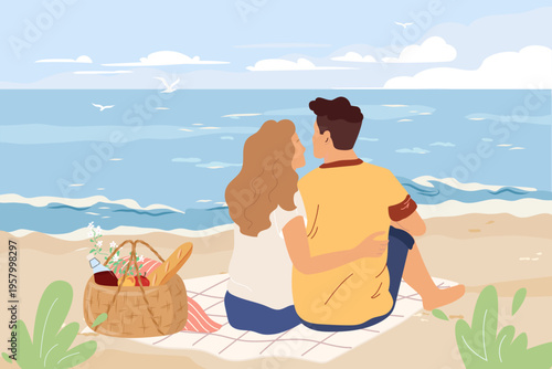 Love couple hugging and relaxing on picnic blanket at seaside. Romantic date of young man and woman on seashore. Vector horizontal panoramic illustration with people, basket for food on beach by sea