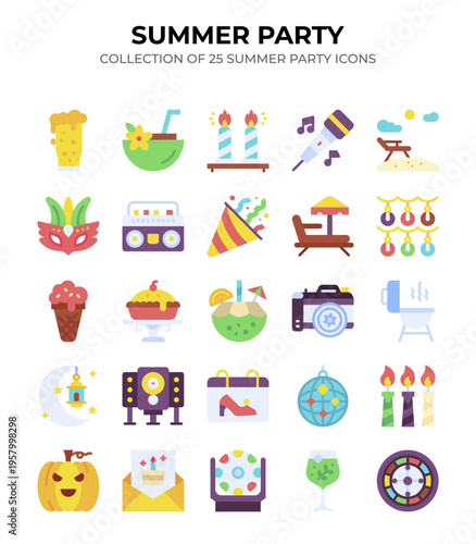 Summer Party Icons. 25 Flat Design Elements for a Vibrant Celebration
