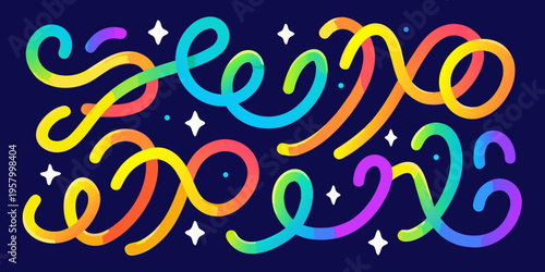 Colorful abstract looping shapes and sparkling stars on a dark background