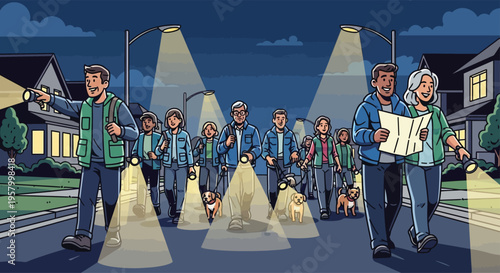 Group of people on a night walk with flashlights.