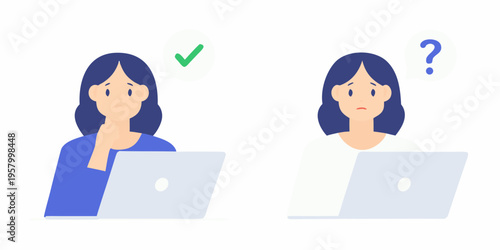 Two women using laptops one with a checkmark and one with a question mark