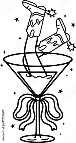 A whimsical black and white line art illustration featuring cowboy boots inside a martini glass