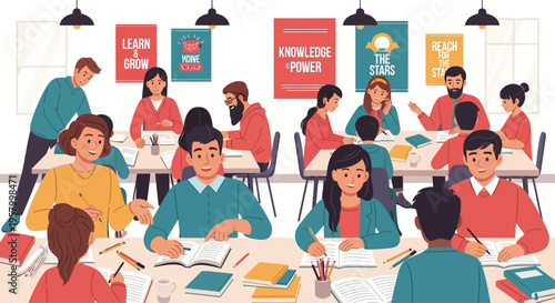 Diverse students engaged in collaborative learning activities in a classroom setting.