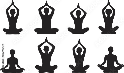 Silhouette Set of People Practicing Yoga and Meditation in Lotus Position for Wellness Mental Health and Zen Lifestyle Isolated Vector