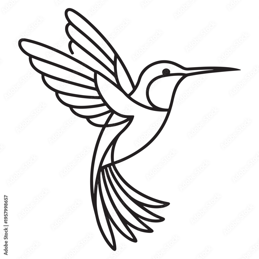 Fototapeta premium Minimalist line art illustration of a hummingbird in flight isolated on a clean white background