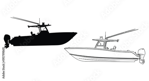 Detailed illustration of a center console boat design black silhouette