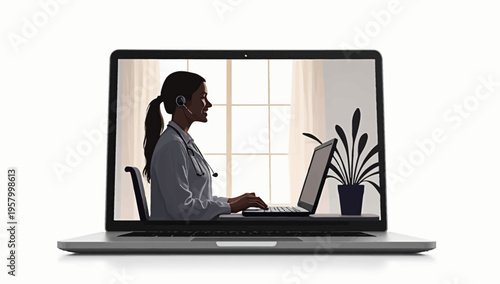 Professional female doctor providing online medical consultation via laptop screen for telemedicine and remote healthcare services concept