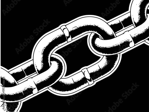 Stark black and white of a heavy metal chain link pattern a black background industrial