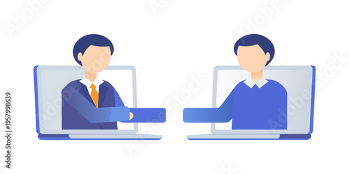 Two professionals connect and shake hands during a virtual meeting