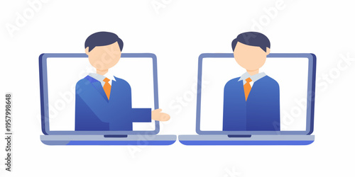 Two business professionals virtually shaking hands via laptop computers