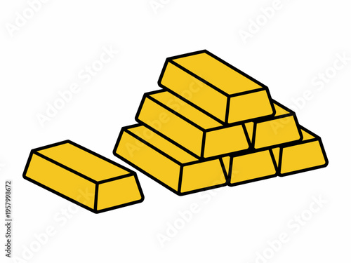 Stacked gold bars and single bar isolated white background simple flat bullion wealth