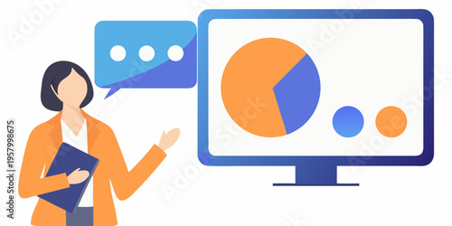 Woman presenting data analysis with a pie chart on a computer screen